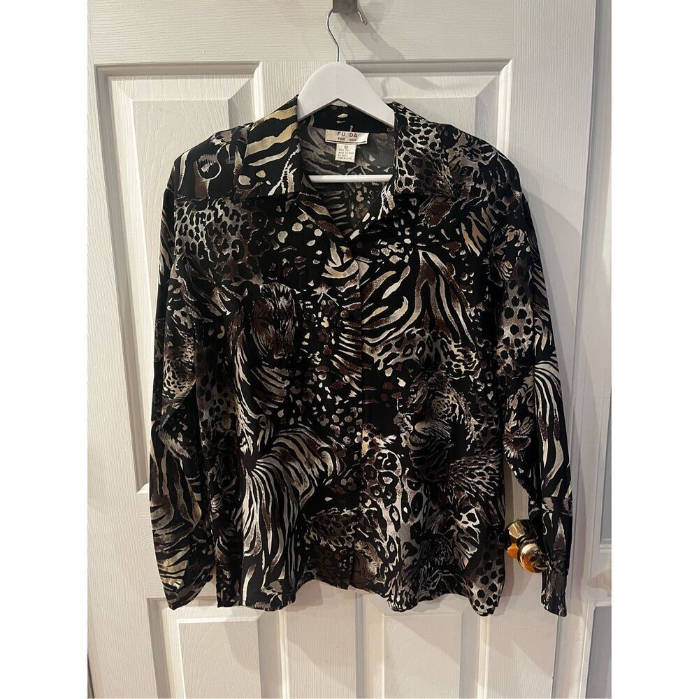 Fu Da Silk Black & Tan Zebra Tiger Print Button Up Blouse sz M EUC